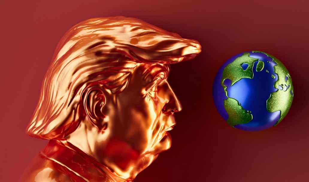 Trump im Profil mit Blick auf die Weltkugel